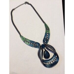 Gunmetal Statement Necklace With Teal Stone Pendant 18 In